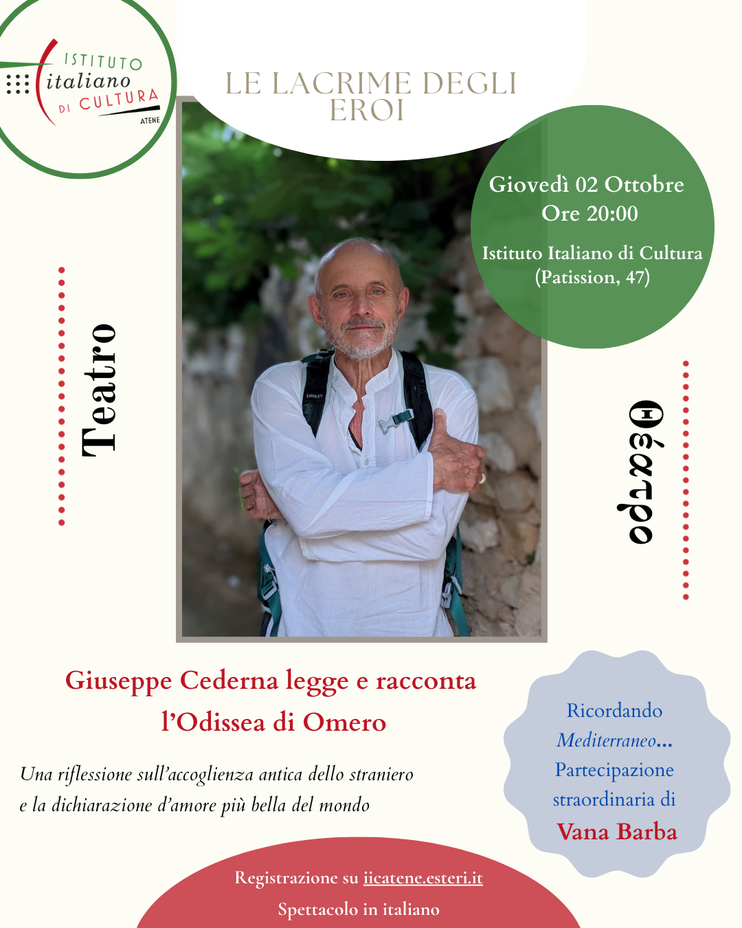 Giovedì 02 Ottobre, ore 20:00 - “Le lacrime degli eroi” – Giuseppe Cederna racconta l’Odissea di Omero
